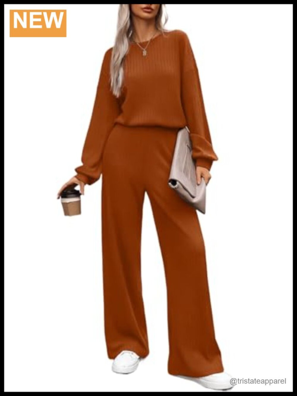 Women's Ribbed Knit Long Sleeve Jumpsuit Wide Leg Crewneck with Pockets